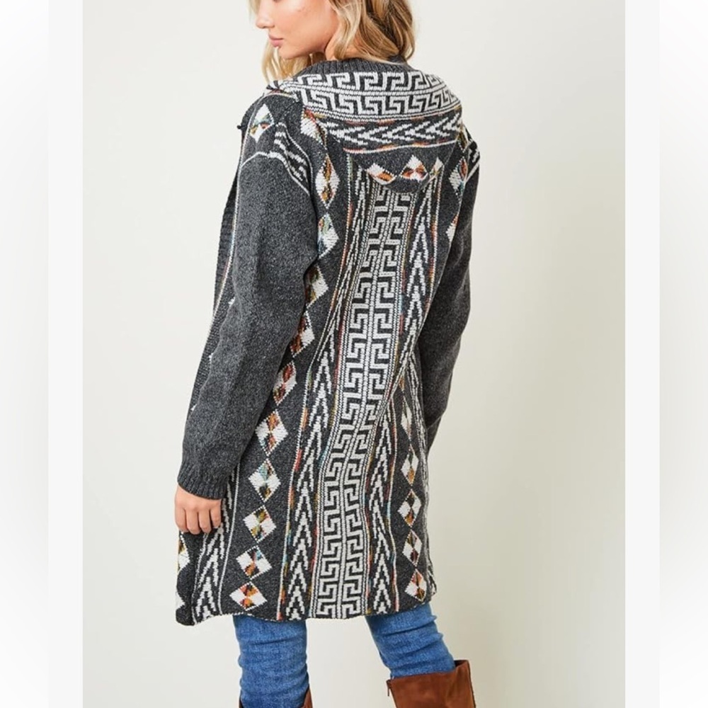 On Blue Geometric Patterned Aztec Print Hooded Cardigan - Picture 2 of 6